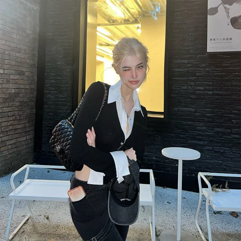 Y2K Two Piece Illusion Crop Top Women's Patchwork Slim Fit Long Sleeve Shirt Casual Streetwear Blouse for Spring and Autumn