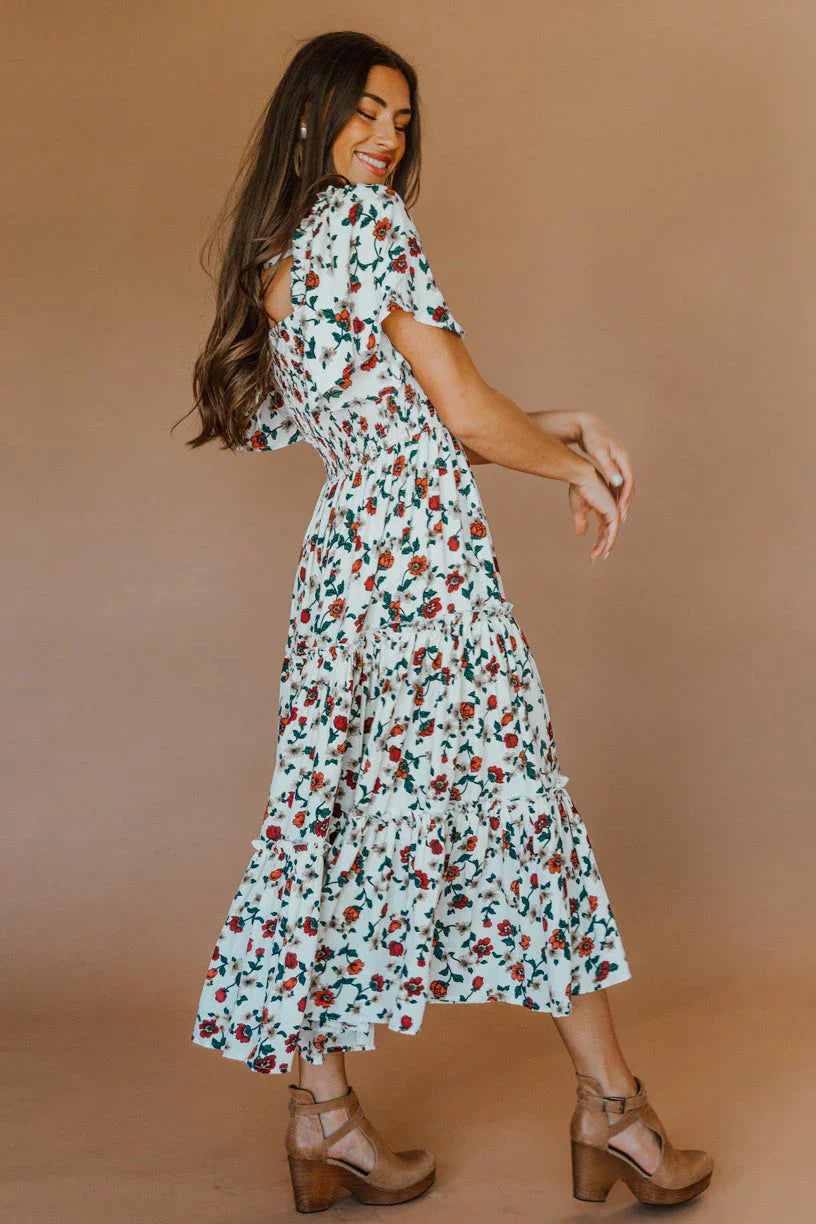 Floral Print Maxi Dress For Women Blue Half Sleeve Summer