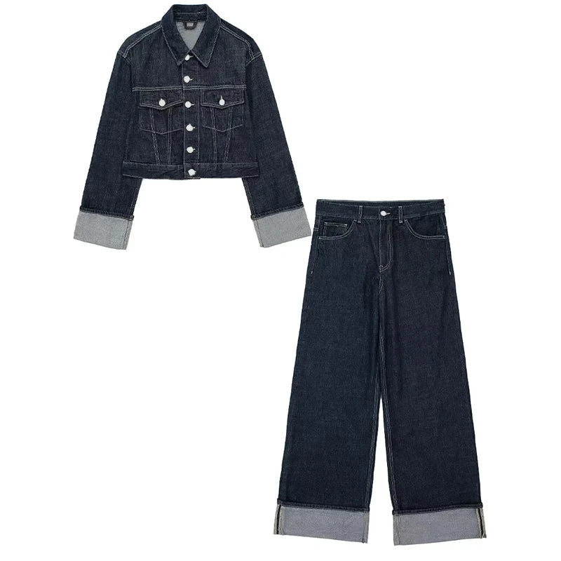 Women's Denim Jacket and Baggy Pants Set Casual Loose Streetwear Outfit