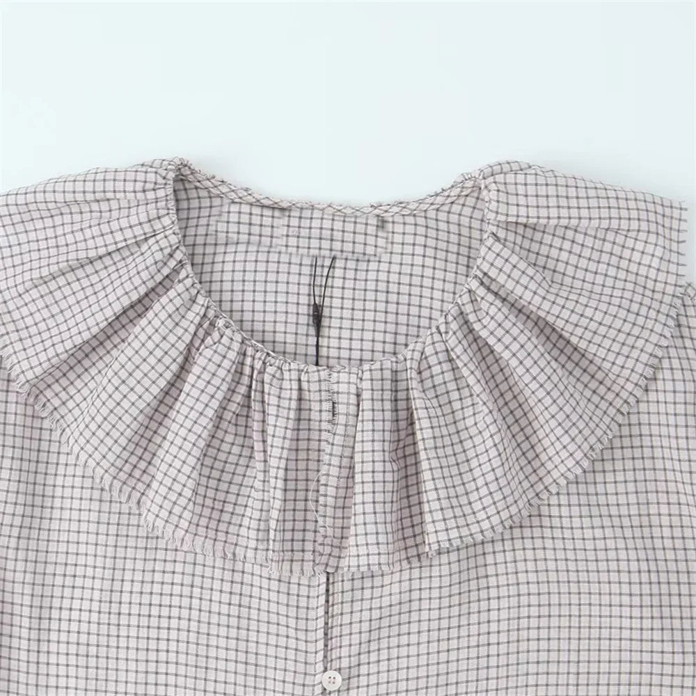 Casual Women's Long Sleeve Loose Fit Layered Small Grid Decorative Shirt for Autumn Versatile Everyday Wear