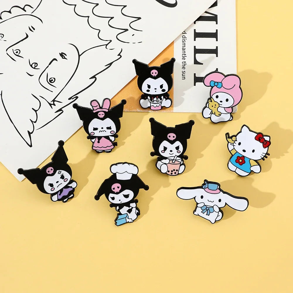 8 Pcs Hello Kitty Animal Brooch Set Cute Princess Kulomi Melody Lapel Pins Fashion Metal Badges for Backpack and Clothing Jewelry