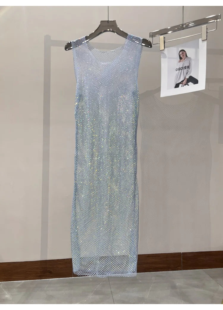 Rhinestone Mesh Midi Dress for Sexy Party and Clubwear