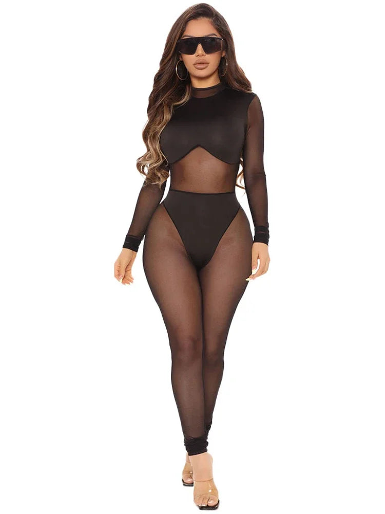 Sexy Black Transparent Mesh Jumpsuit Women Elastic See-Through Bodysuit One Piece Nightclub Outfit