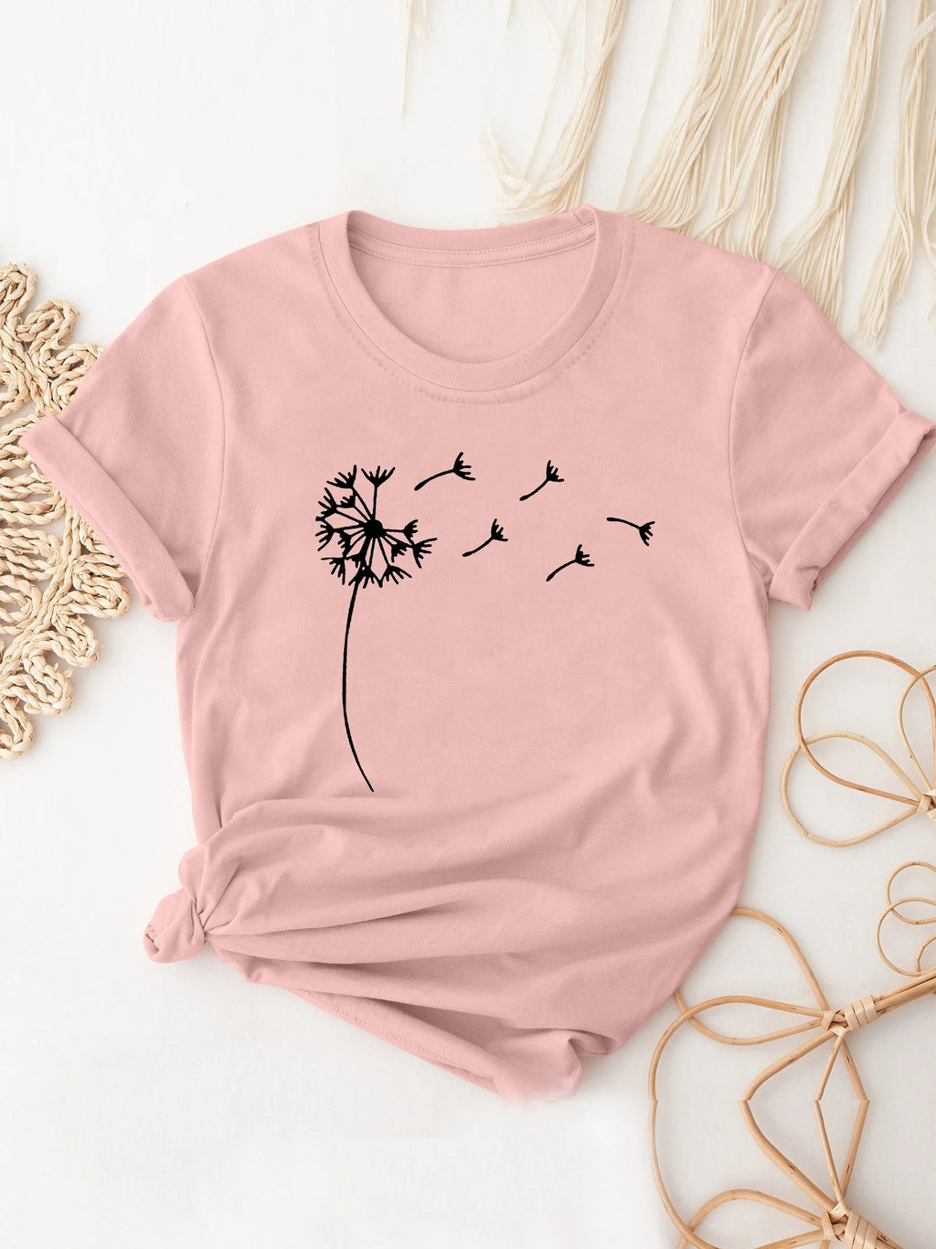 Dandelion Print Casual Crew Neck T-Shirt for Women, Short Sleeve Spring and Summer Top