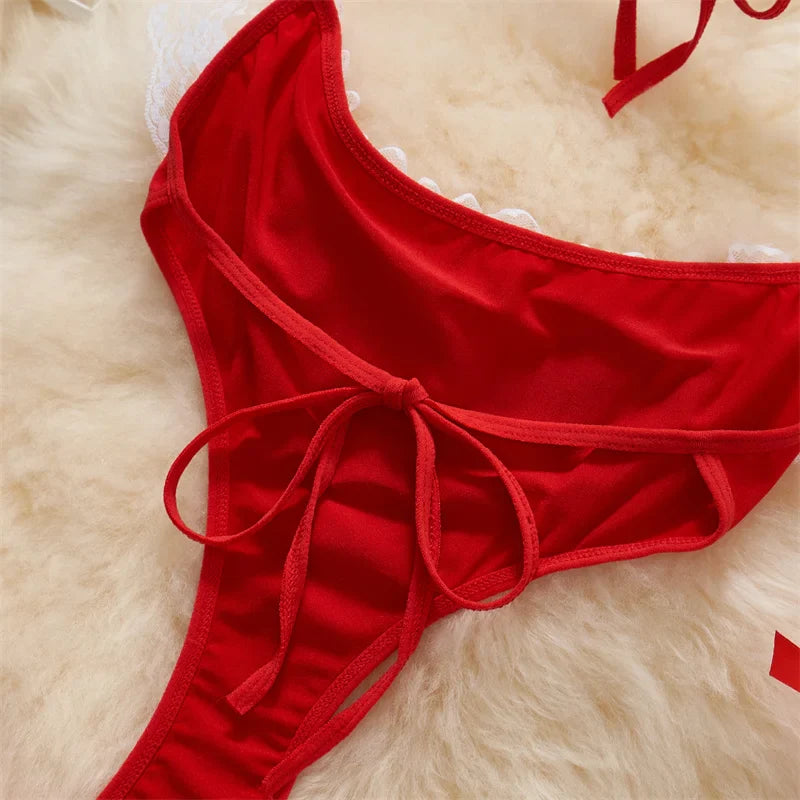 Sexy Lace-Up Lingerie Bodysuit Set with Mini Skirt Backless Patchwork Lace Edge Hollow Cosplay Maid Uniform