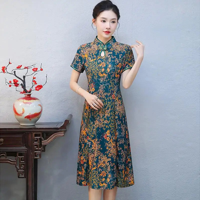 Floral A-Line Summer Dress For Women Short Sleeve Elegant