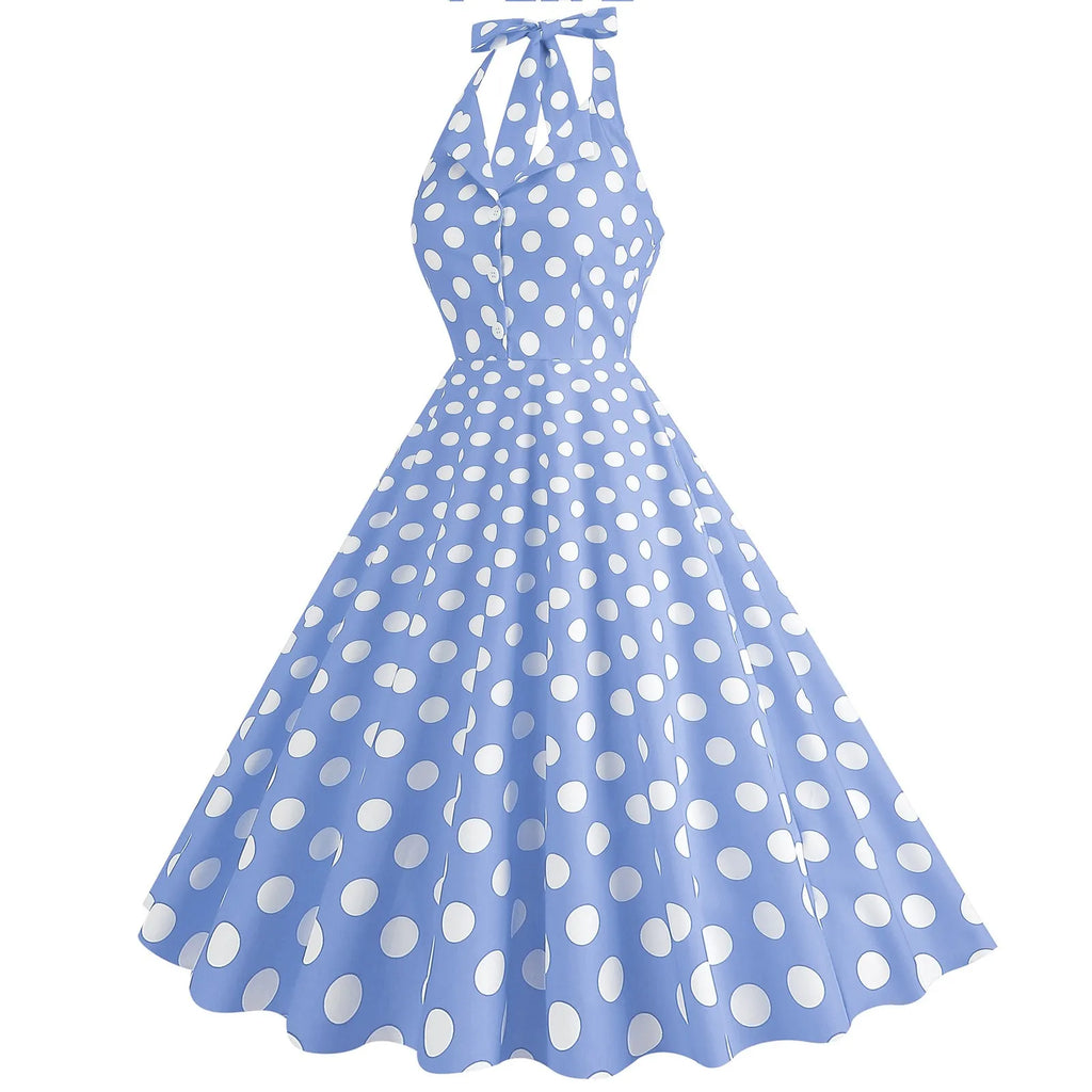 Retro Polka Dot Lace Up Backless Dress With Swing Puff