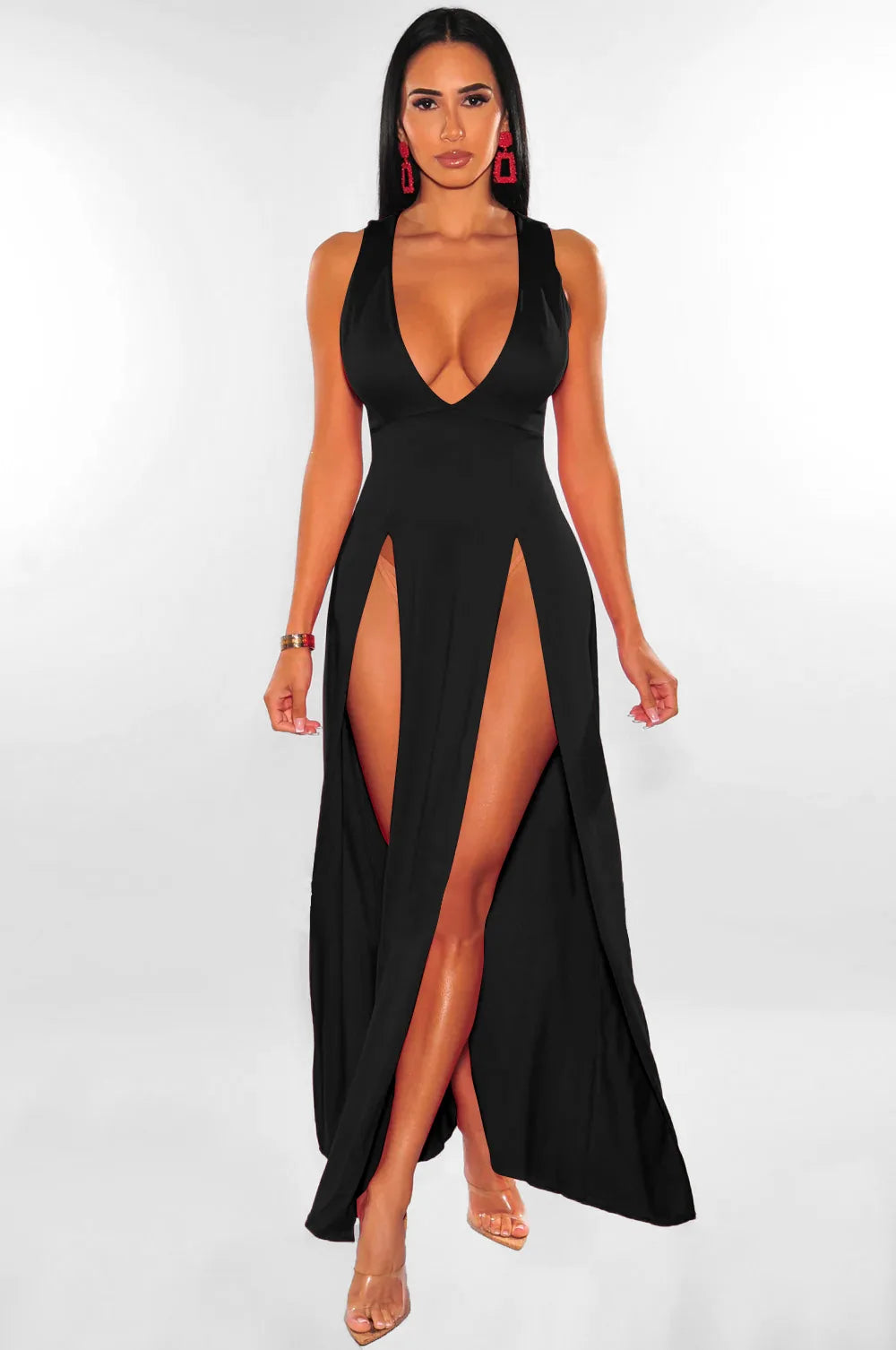 Backless V Neck Sleeveless Maxi Dress With Slit For Party