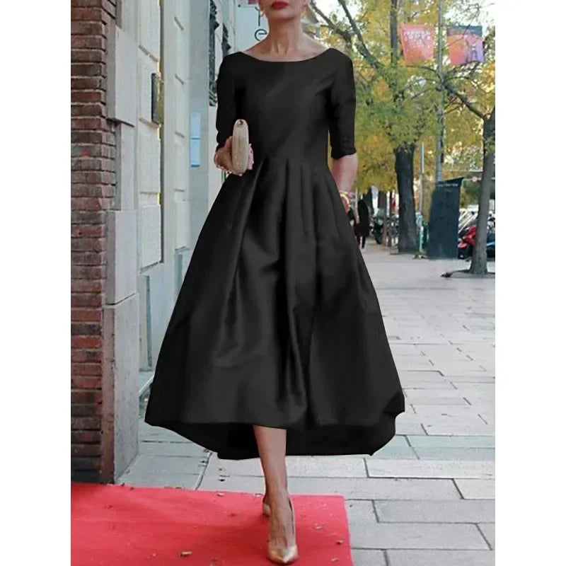 Elegant Banquet Evening Midi Dress Pleated Solid Color