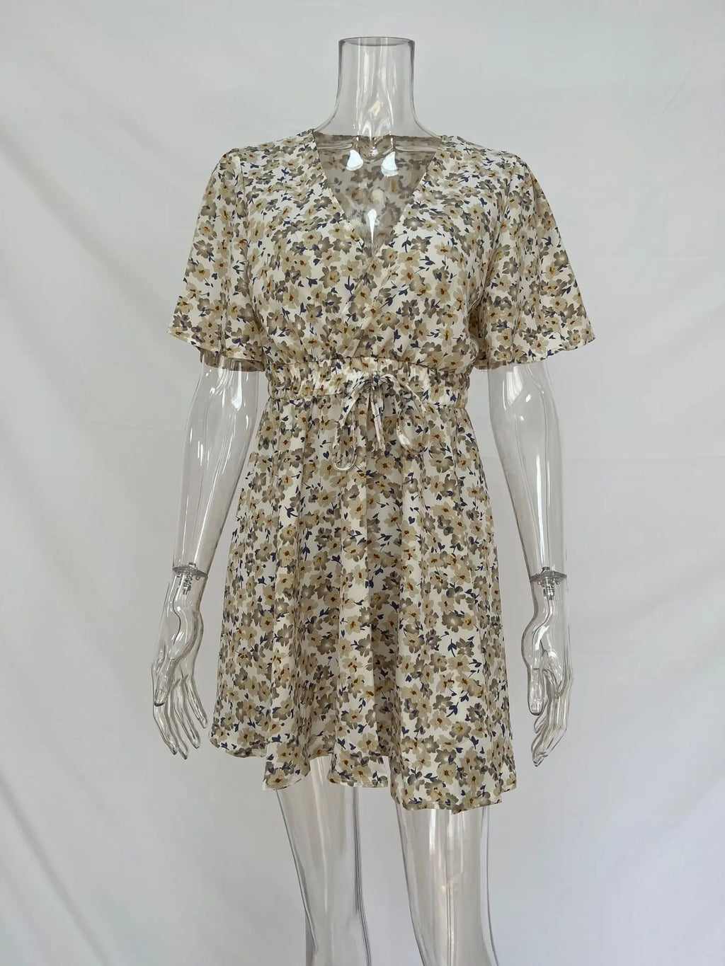 Summer Floral Dress With Bubble Sleeves V Neck A Line