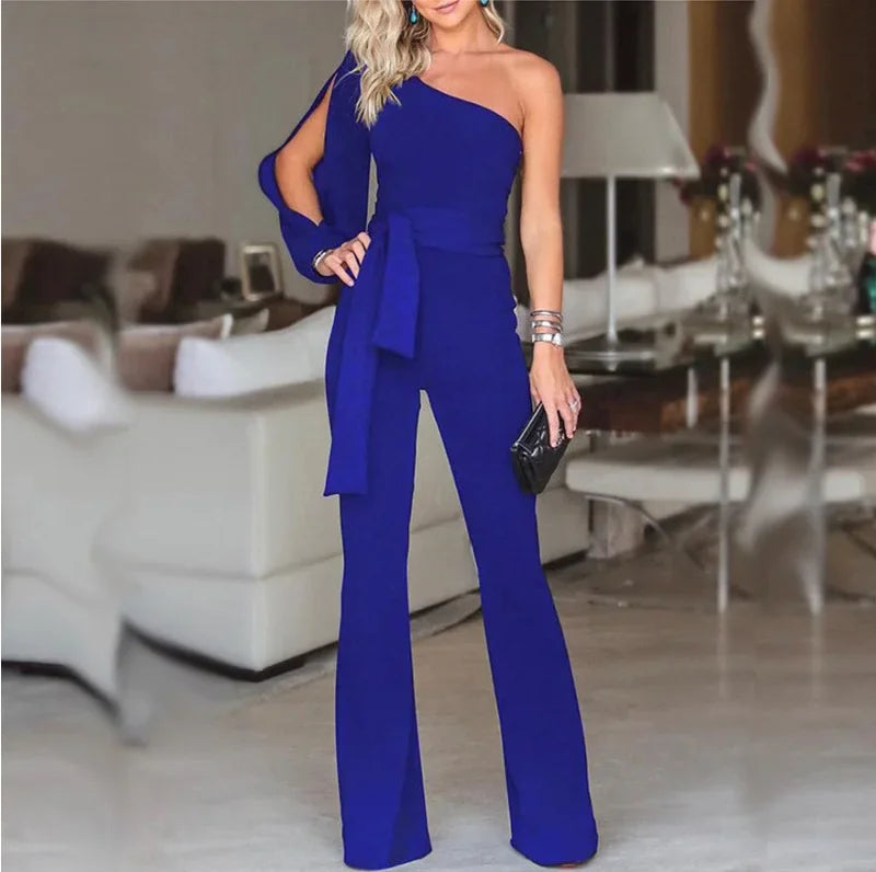 Women's High Waist Tie-Up Slim Fit Solid Color Jumpsuit with Slant Shoulder Elegant Design for Banquet and Evening Wear