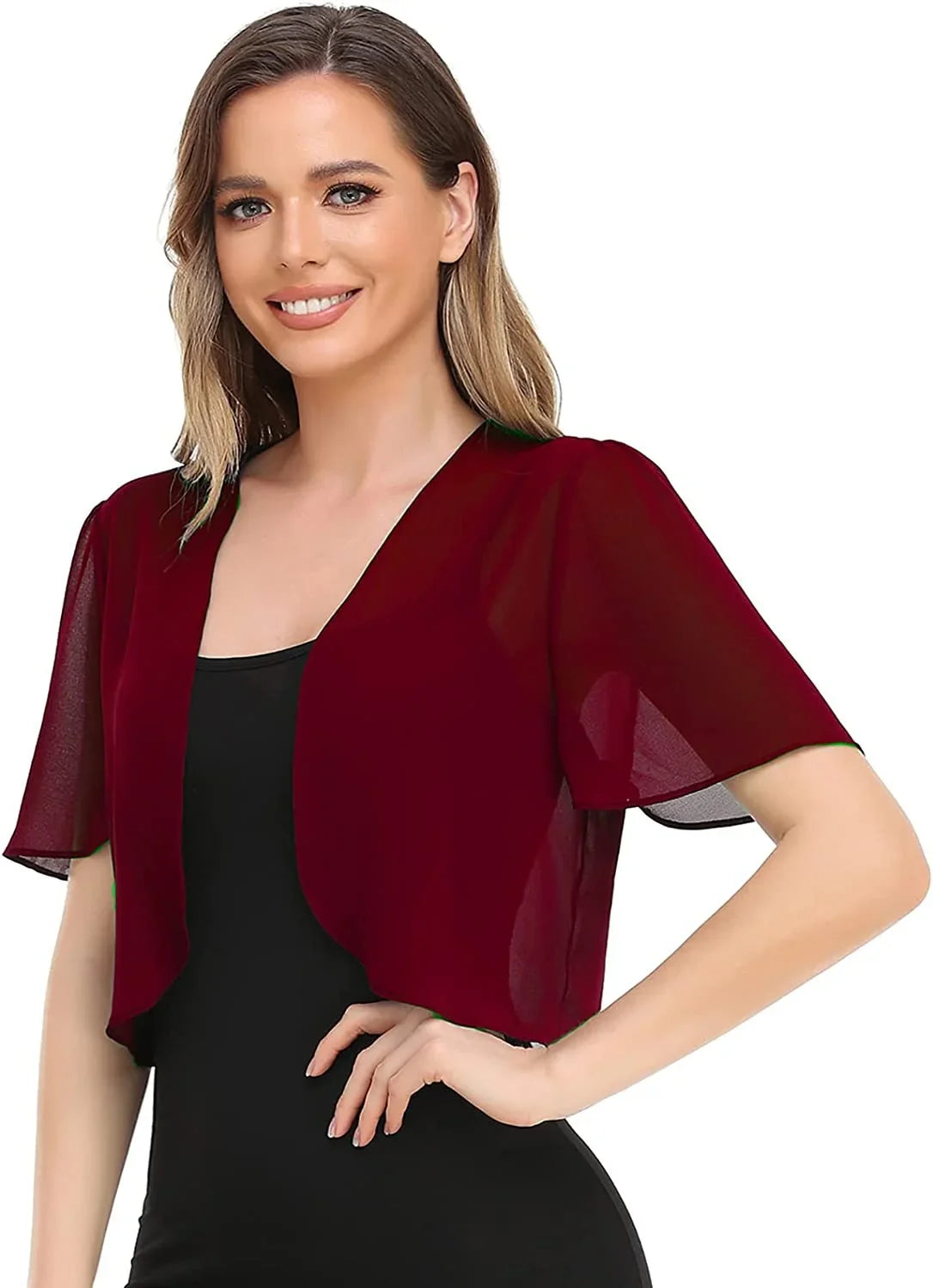 Women's Lightweight Chiffon Open Front Shawl Short Sleeve Top Solid Color Summer Blouse