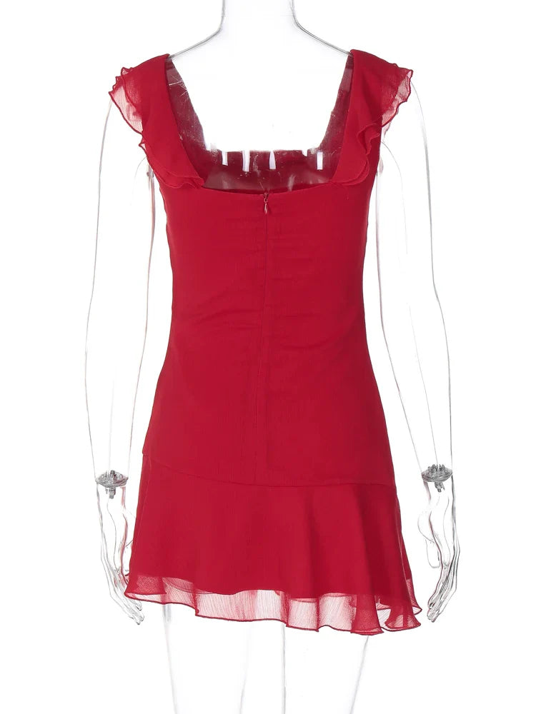 Sexy Tassels Patchwork Chiffon Mini Dress Sleeveless Zipper