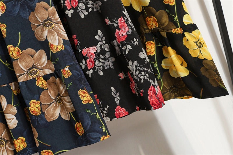 Bohemian Floral Maxi Dress High Waist Chiffon Long Sleeves