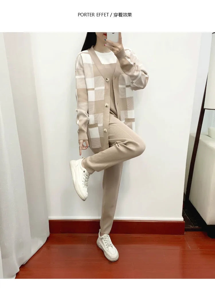 Autumn Winter Women's Plaid Knit Tracksuit Set with Cardigan Sweater Coat, Short Sleeved Top, and Solid Harem Pants