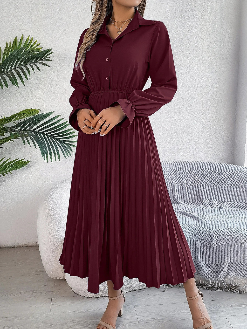 Solid Color Polo Neck Pleated Long Sleeve Dress For Women