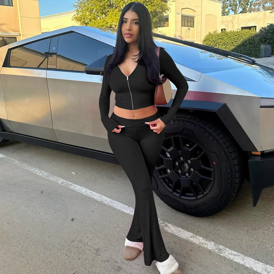 Solid Casual Sports 2 Piece Hoodie and Flare Pants Set for Women in Autumn and Winter Streetwear