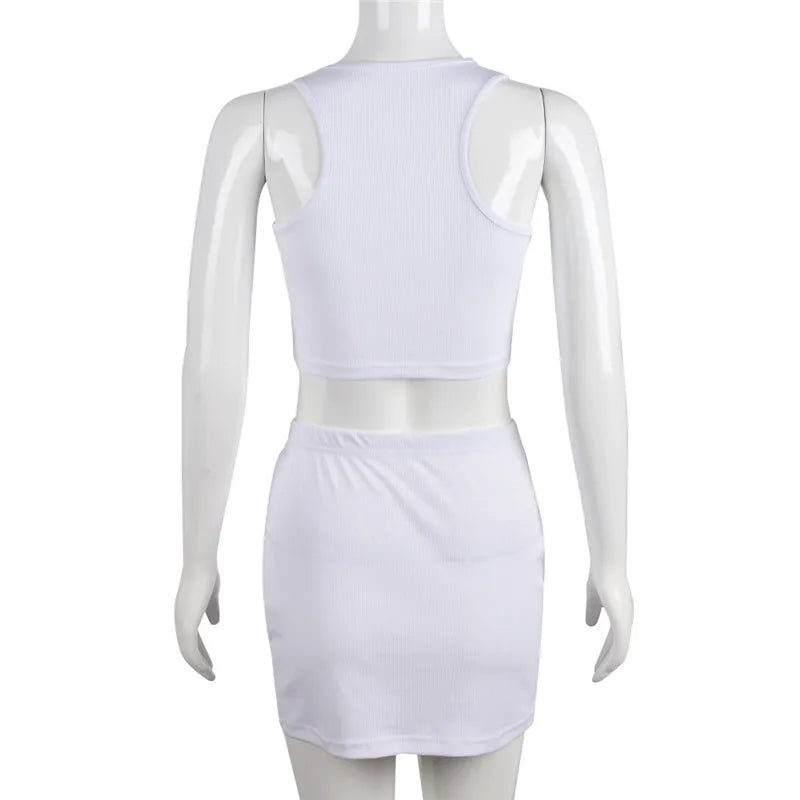 Women Two Piece Ribbed Skirt Set with Cross Embroidered Sleeveless Crop Top and Mini Skirt Party Dress