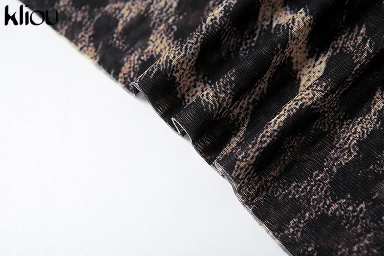 Leopard Print Mesh Mini Dress Women See Through Bodycon
