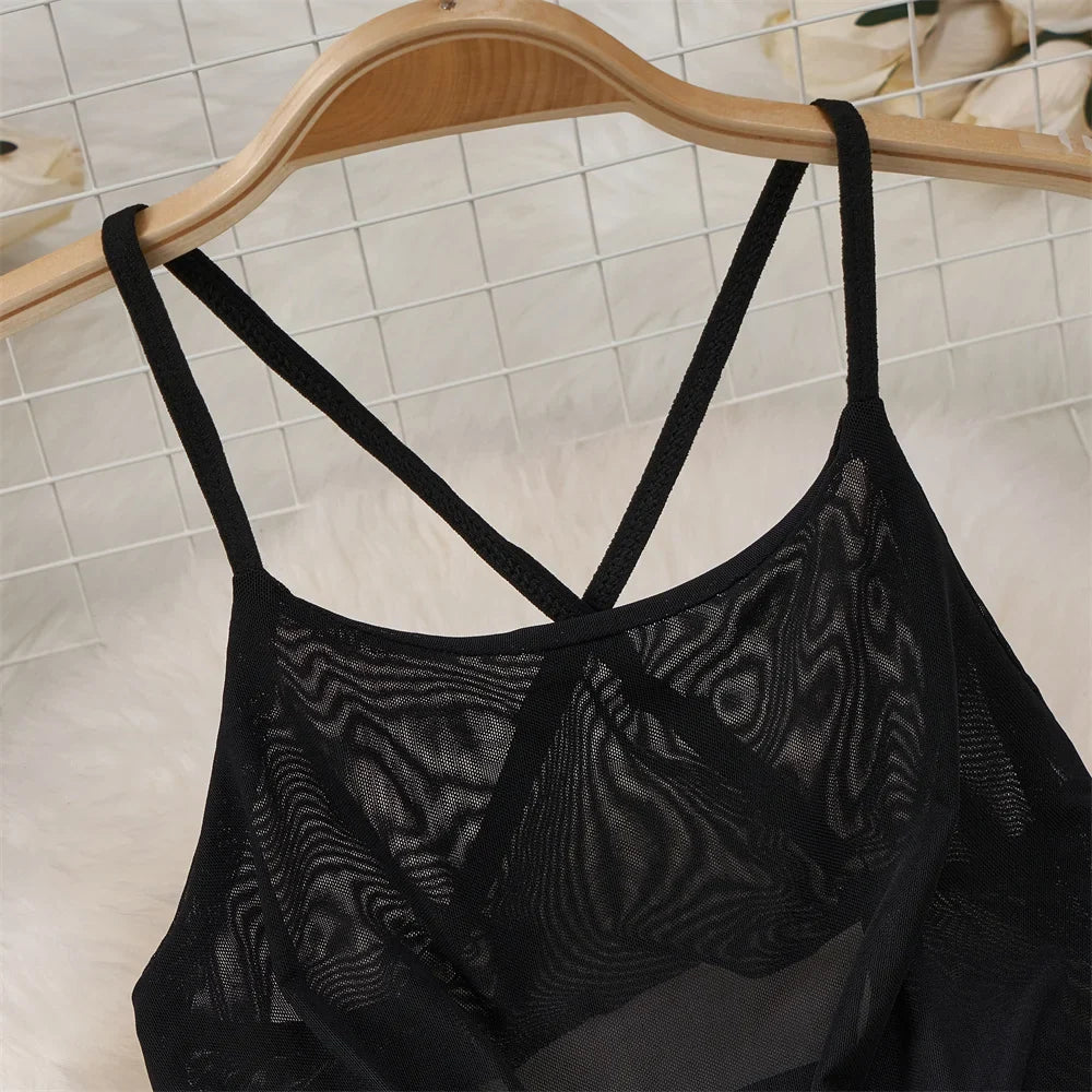 Backless Mesh Nightgown With Cross Strap Nightdress