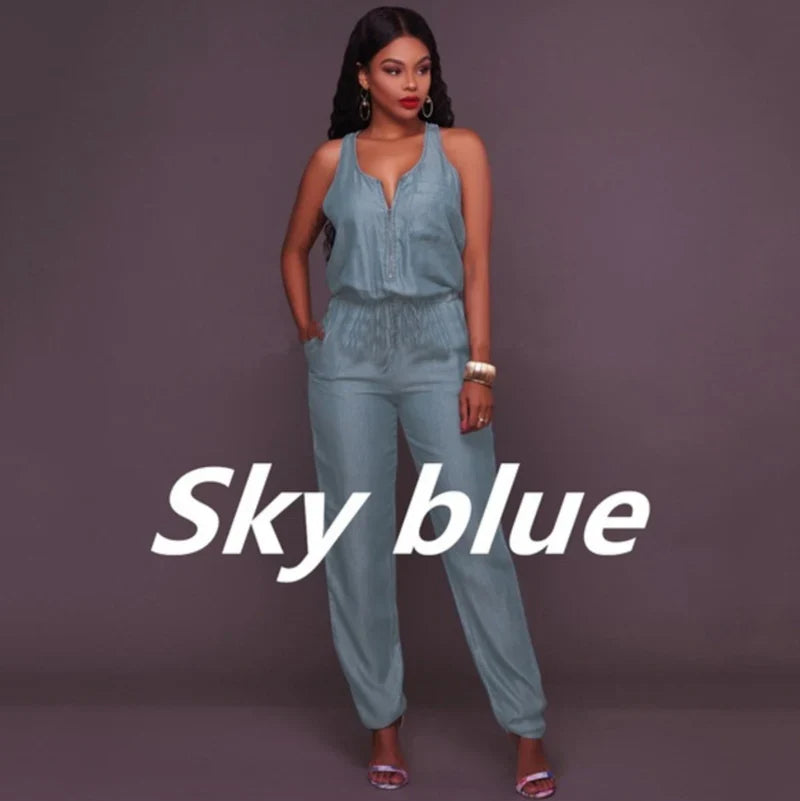 Womens Sleeveless Denim Jumpsuit Waist-Cinching Romper with Long Pants Stylish Summer Outfit