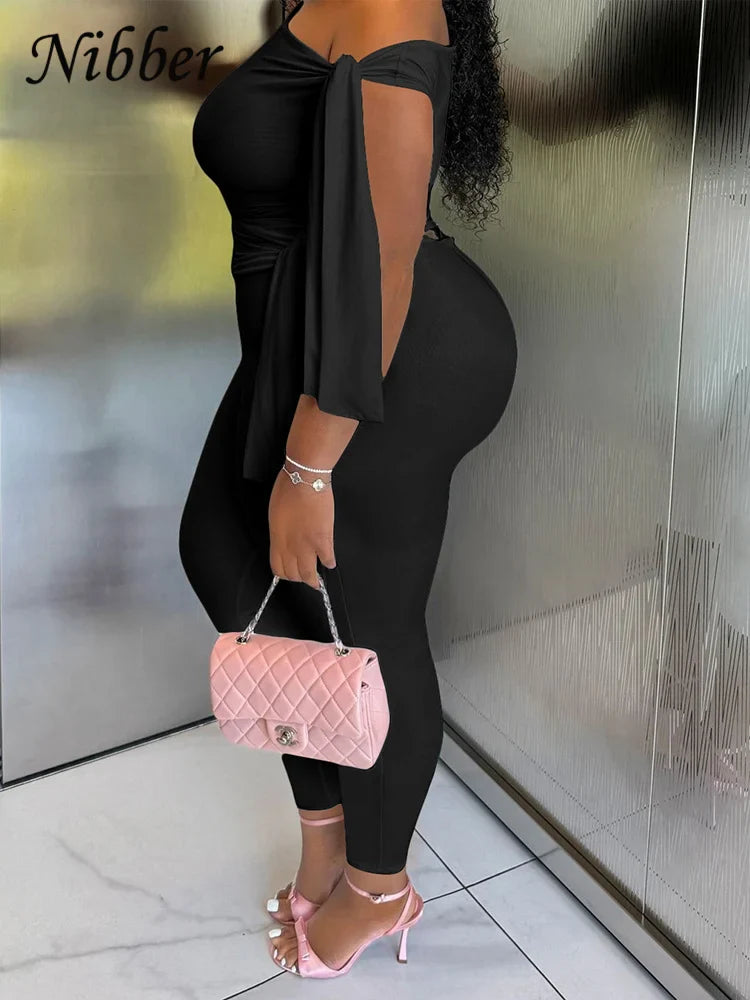 Elegant Two-Piece Women's Tracksuit Set with Skew Collar Ribbon Tank Top and Stretch Skinny Leggings Casual Matching Outfit