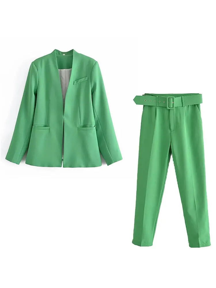 Women's Solid Color Office Suit Coat and High Waist Ankle-Length Pants Set