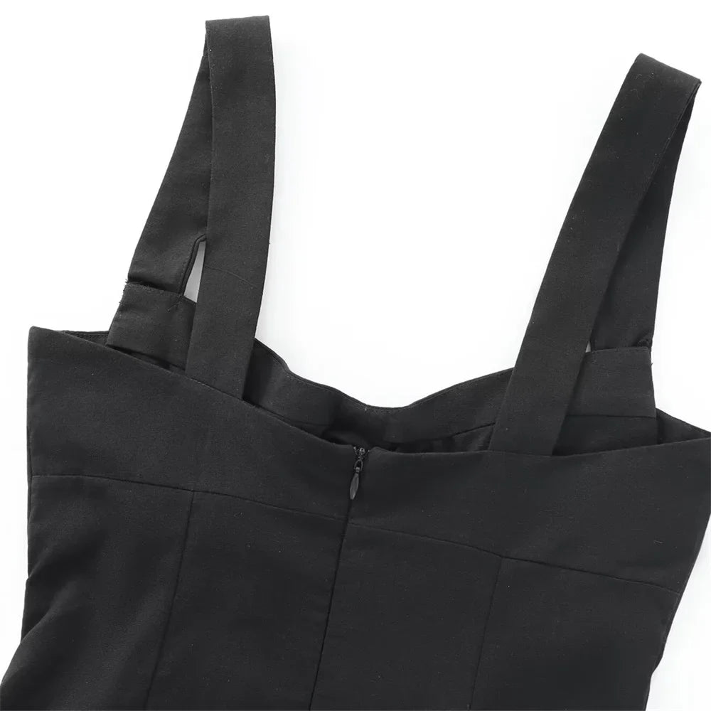 Black Linen Blend Dress Slim Fit With Wide Straps For Women