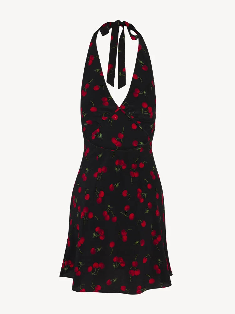 Cherry Print Backless Summer Floral Dress For Women