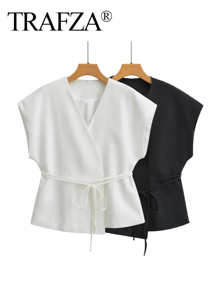 Summer Women's Casual Two-Piece Suit with Lace-Up Tank Top and Pleated Loose Trousers