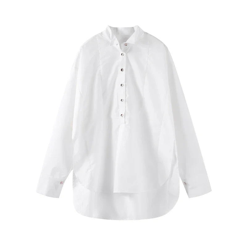 White Chiffon Shirt for Women with Lapel Collar Lantern Sleeves Single Breasted Irregular Hem Loose Fit Blouse Elegant Casual Top