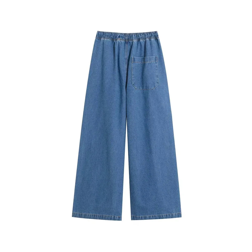 Women's Denim Loose Shirt with Pockets and High Elastic Waist Wide Leg Pants Two Piece Set