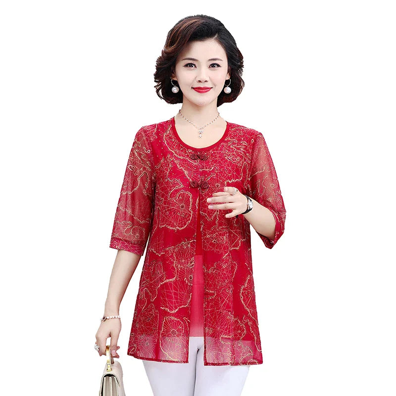 Women's Summer Shirt Casual Loose Fit Fake Two-Piece Printed Top for Middle-Aged and Elderly