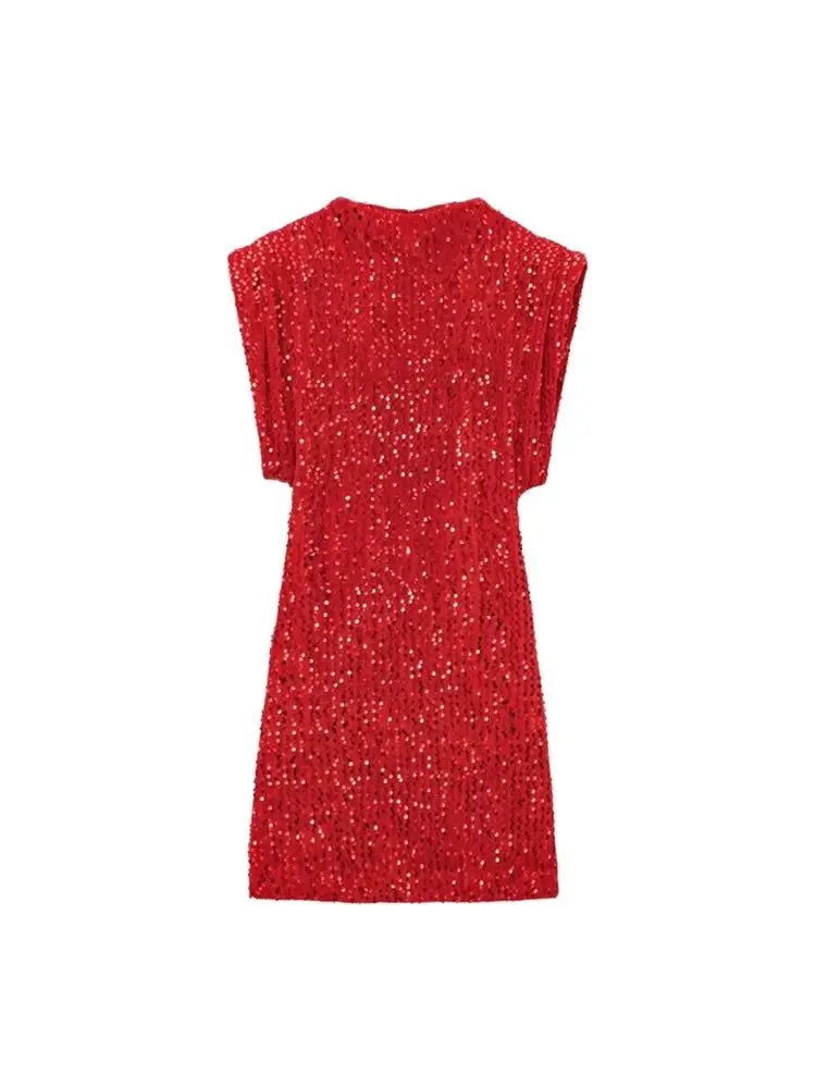Sequined Mini Dress With Shoulder Pads O Neck Sleeveless