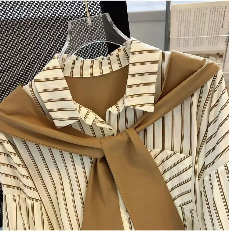 Chic Casual Fake Two Piece Long Sleeve Stripe Shirt for Women Stylish Matching Blouse Top