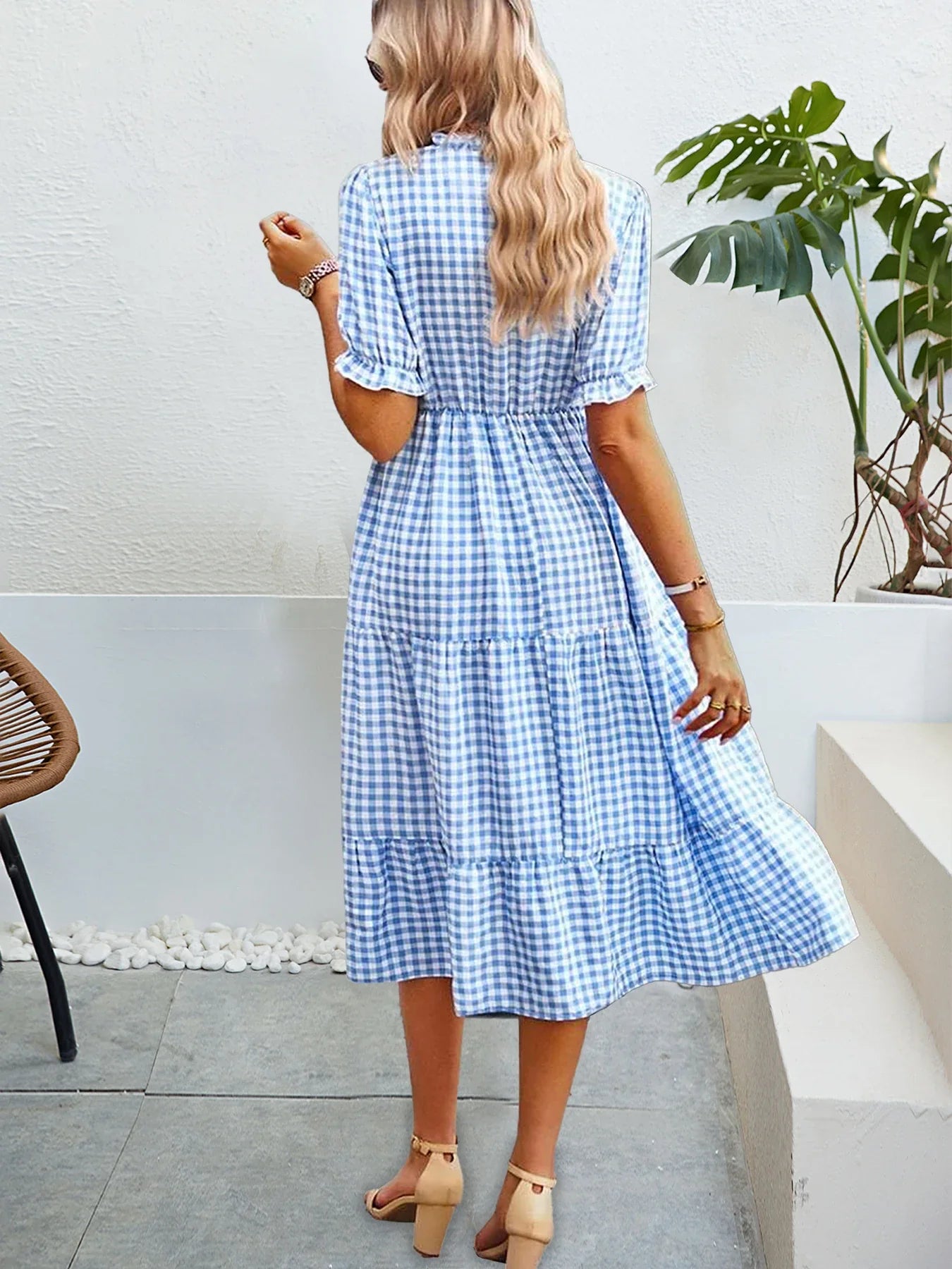 Plaid Short Sleeve Sundress A Line Tassel Elastic Waist
