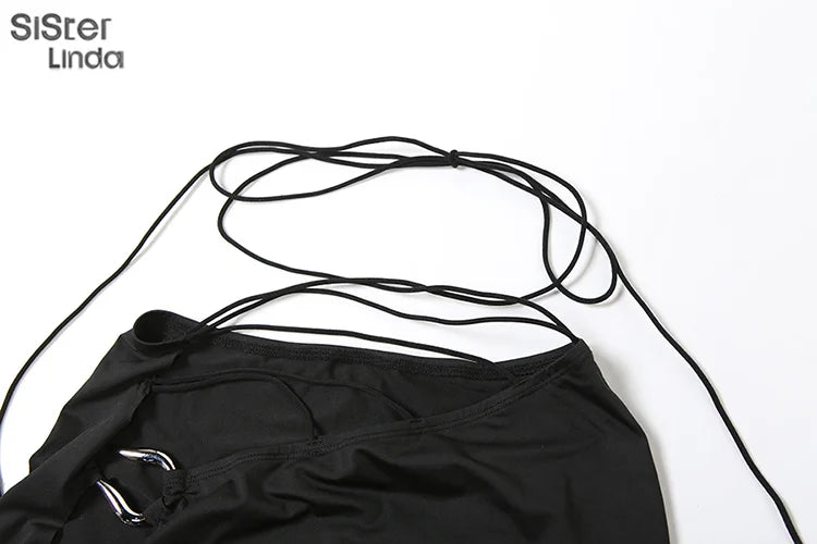 Junior Mid-Calf High Street Skirt Suit for Girls Solid Halter Neck with Slit Cleavage and Backless Design