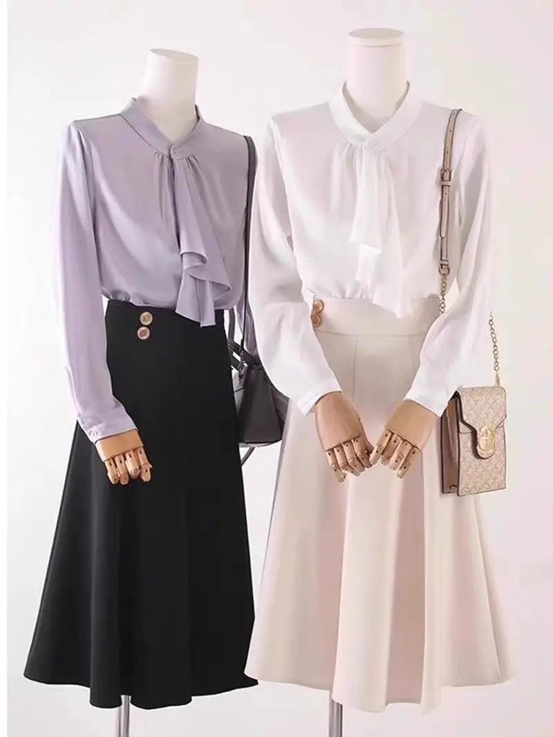 Elegant Scarf Collar Button Up Blouse for Women Long Sleeve Solid Color Temperament Top Spring Autumn Fashion Shirt