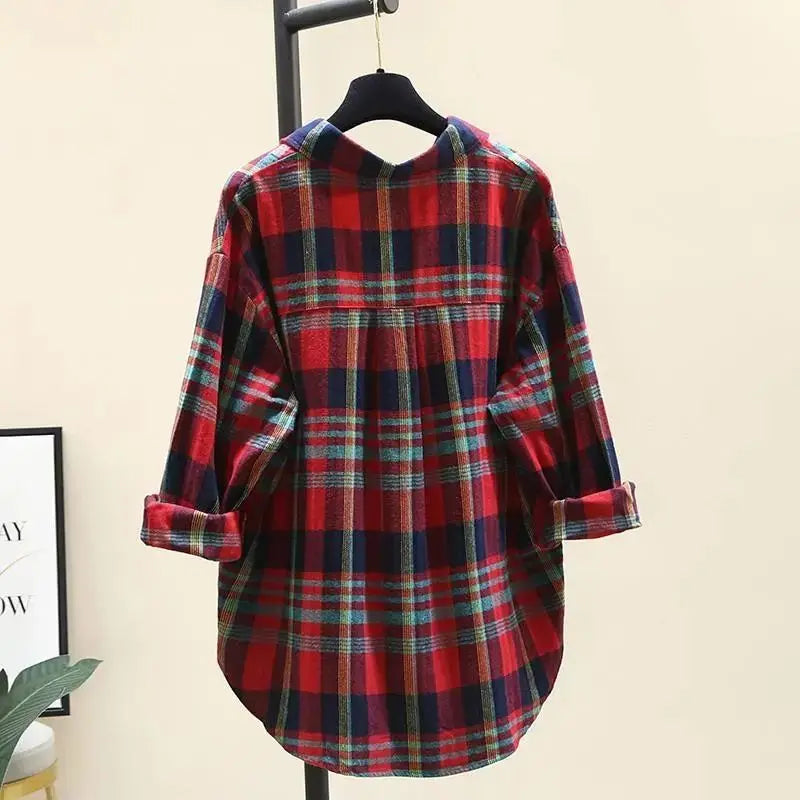 Plaid Vintage Polo Neck Long Sleeve Loose Fit Single Breasted Women's Blouse Shirt Casual Korean Style Female Top