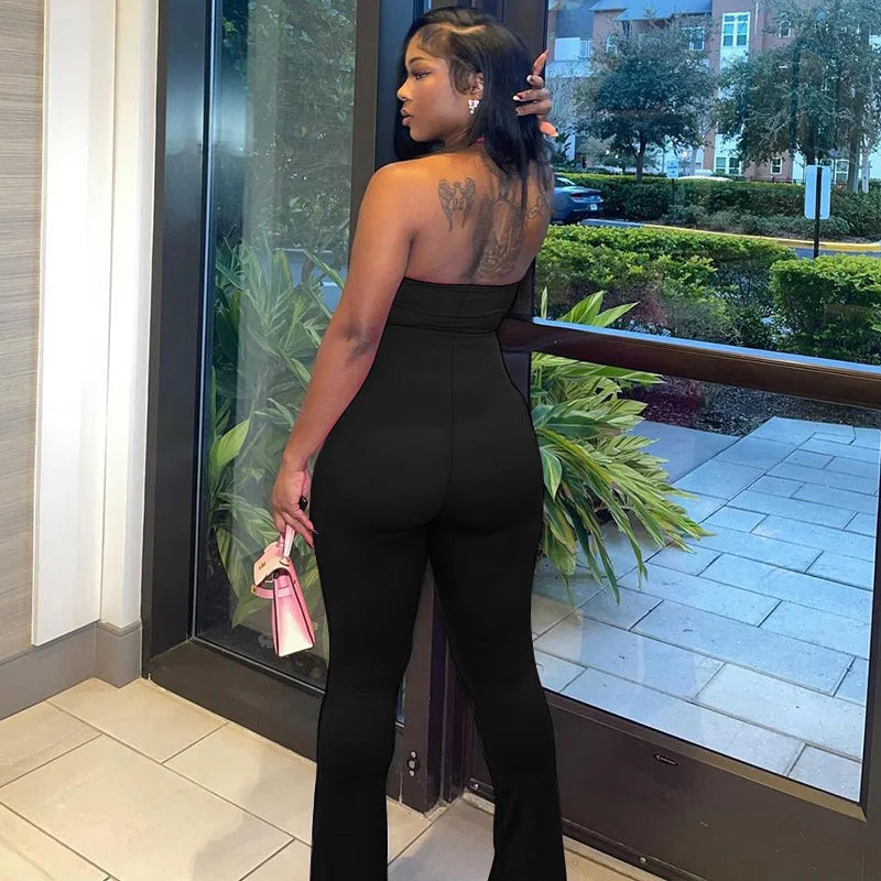 Sleeveless Halter Backless Bodycon Jumpsuit with Flare Pants Casual Rompers for Women Streetwear Festival Outfit