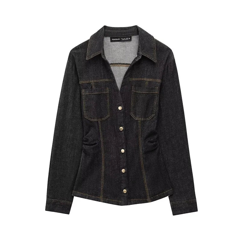 Denim Two Piece Women's Outfit with Button Up Shirt and High Waist Trousers Set