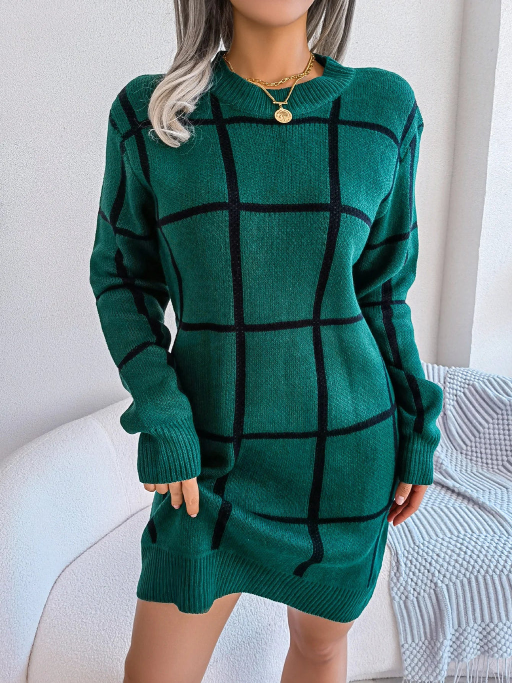 Women Plaid Knitted Sweater Dress Long Sleeve Casual Wear