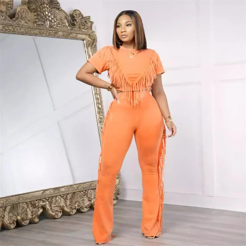 Tassel Two Piece Set for Women Casual Streetwear T-Shirt Top and Flare Pants Tracksuit