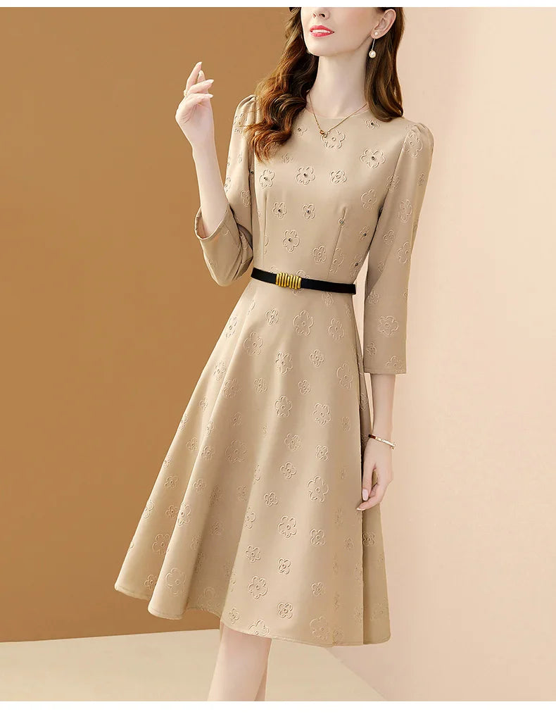 Floral Embroidered Belt Dress for Women O Neck A Line
