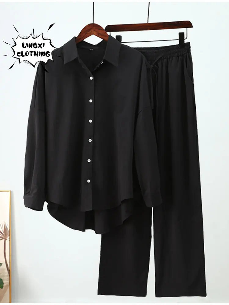 Summer Casual Outfits for Women Loose Long Sleeve Shirt and Wide Leg Pants Two Piece Set