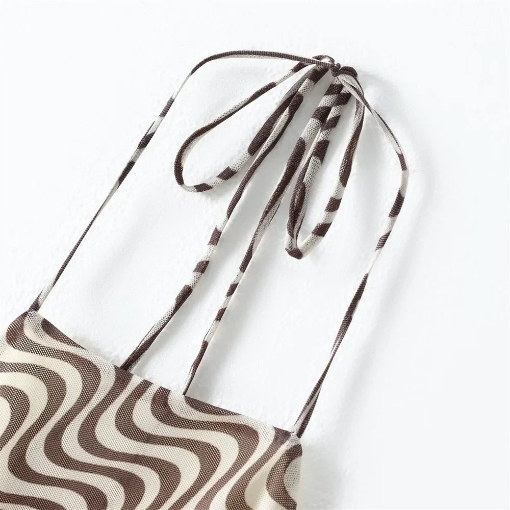 Women's Silk Screen Print Hanging Neck Open Back Top with High Waist Slimming Skirt Set Summer Fashion Two-Piece Outfit