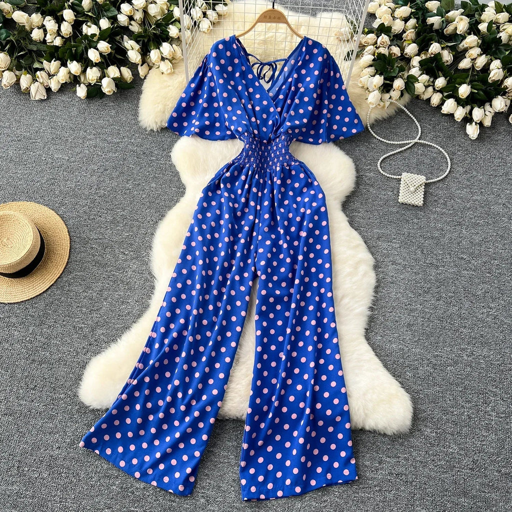 Elegant Polka Dot Romper for Women V-Neck Short Sleeve High Waist Wide Leg Jumpsuit Loose Fit Summer Playsuit