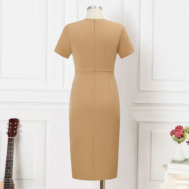 Elegant Women Midi Dress Solid Color Short Sleeve Casual