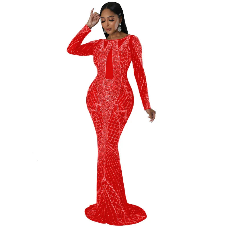 Sexy Mesh Diamond Embellished Maxi Dress for Evening Party