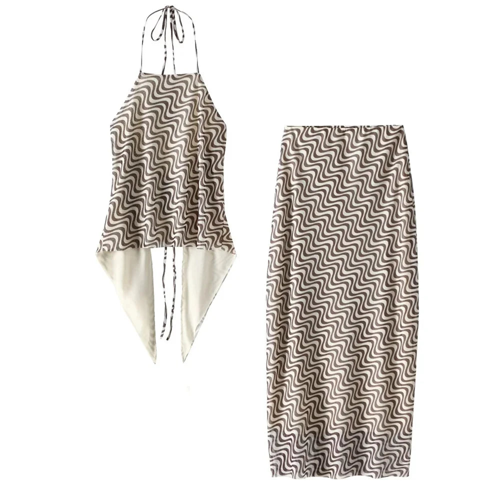 Women's Silk Screen Print Hanging Neck Open Back Top with High Waist Slimming Skirt Set Summer Fashion Two-Piece Outfit